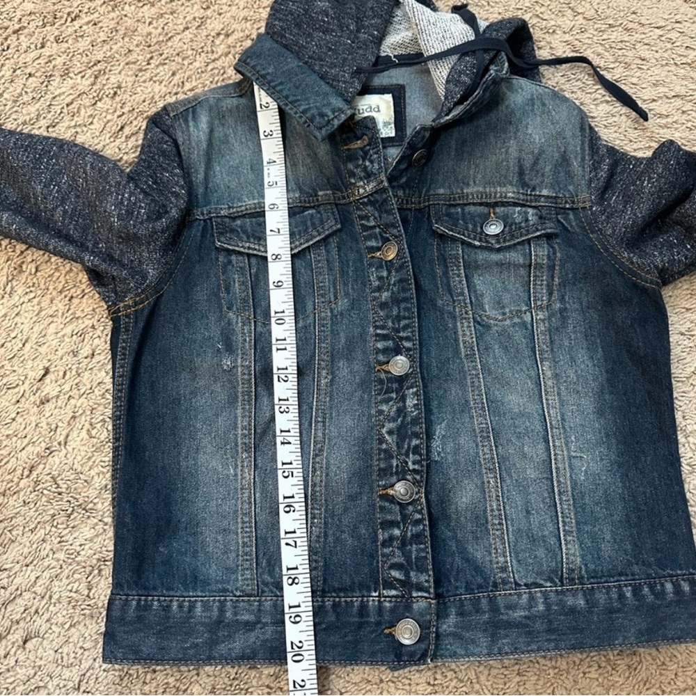 MUDD Denim Jacket Womens M Trucker Sweater Sleeves Hoodie Dark Wash Distressed - Picture 8 of 10